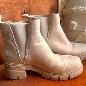 Chunky Chelsea Boots Women's 8 mushroom-tan Vegan-Suede Round Toe Thick Sole